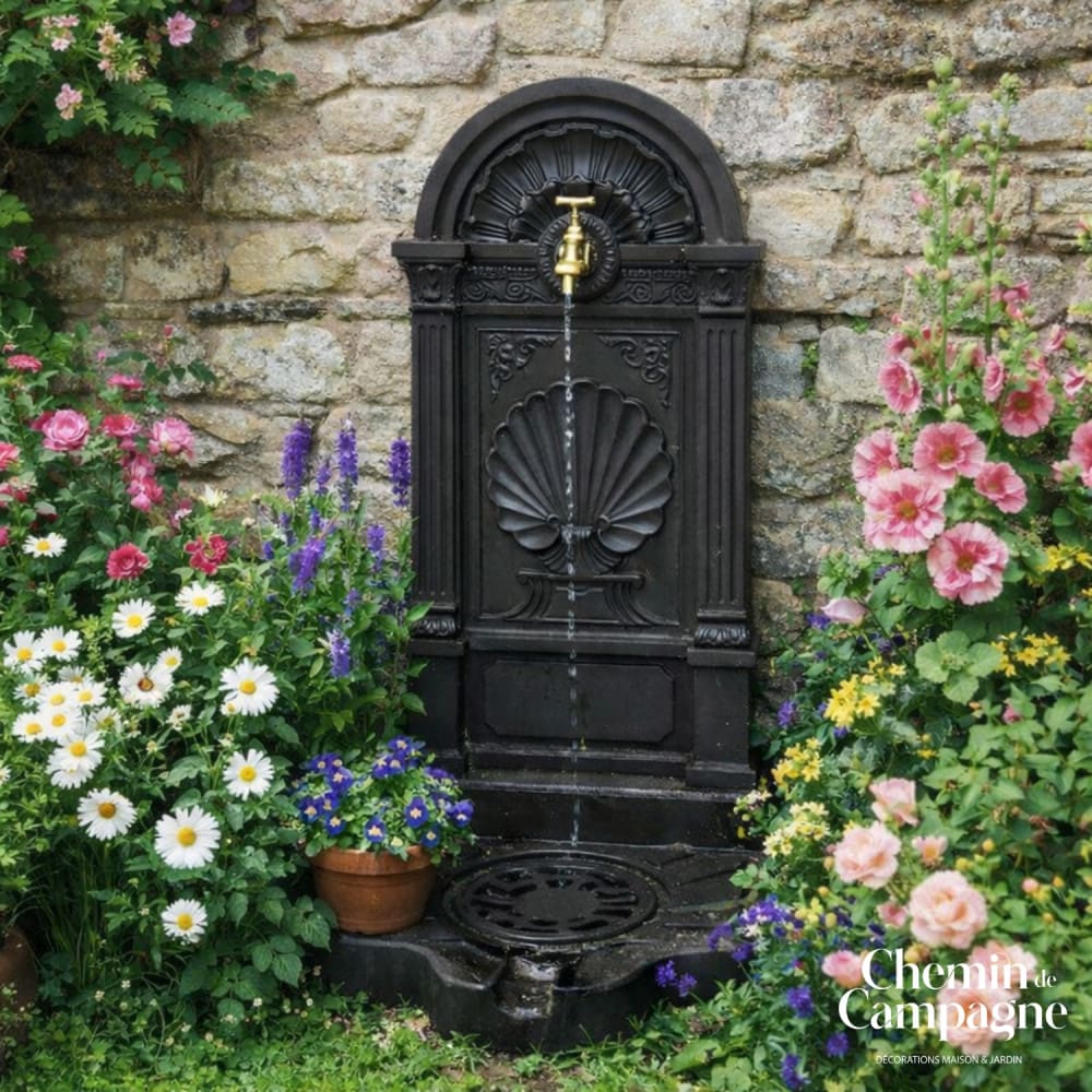 Fontaine de jardin extérieur fonte aluminium noire coquillage 84cm