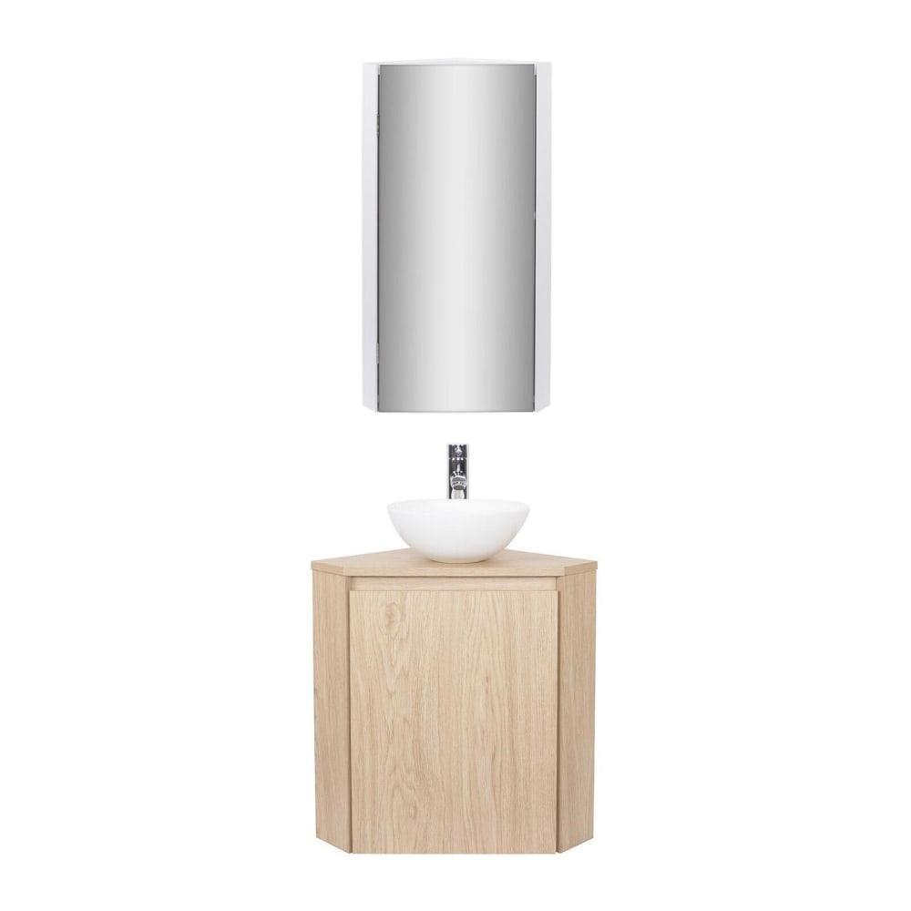 Ensemble lave-mains  d'angle avec vasque, robinet et armoire miroir