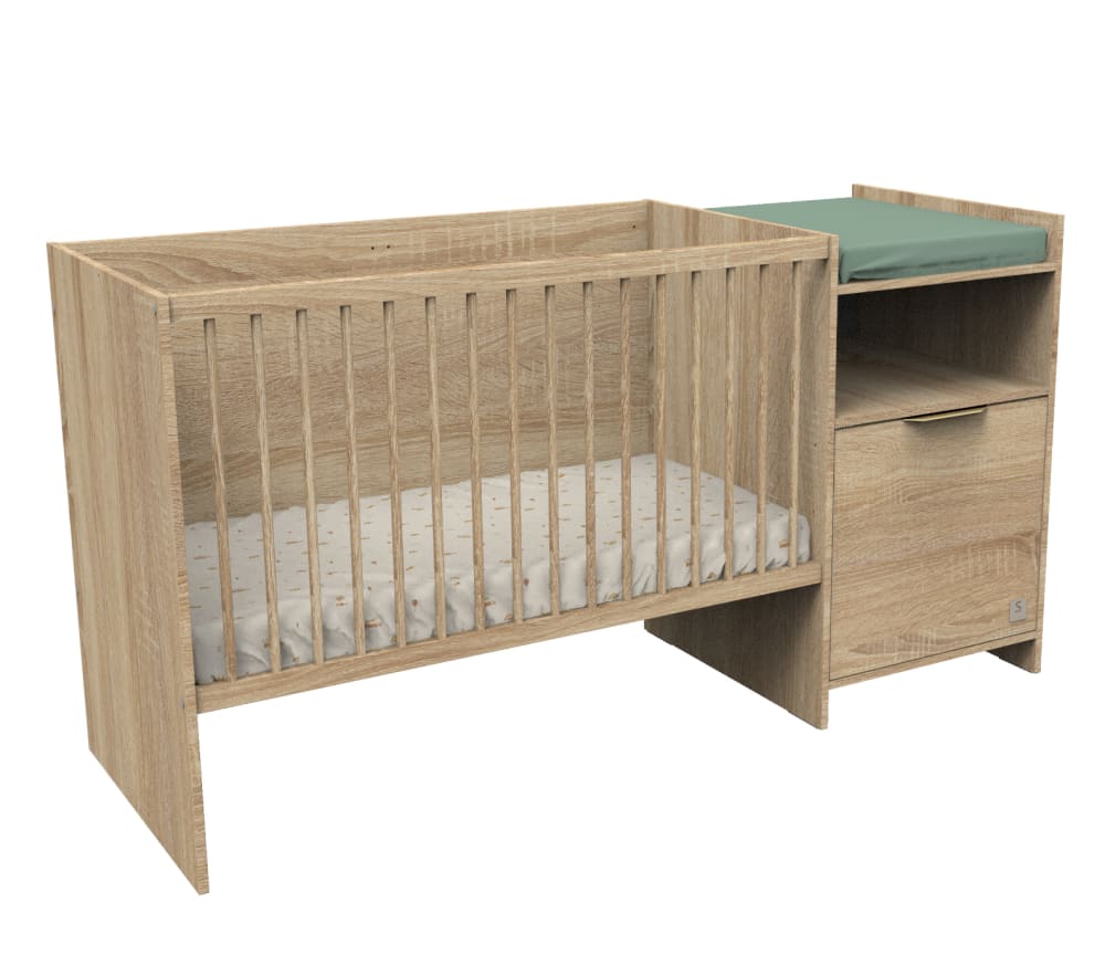 Lit bébé combiné évolutif avec porte décor chêne doré