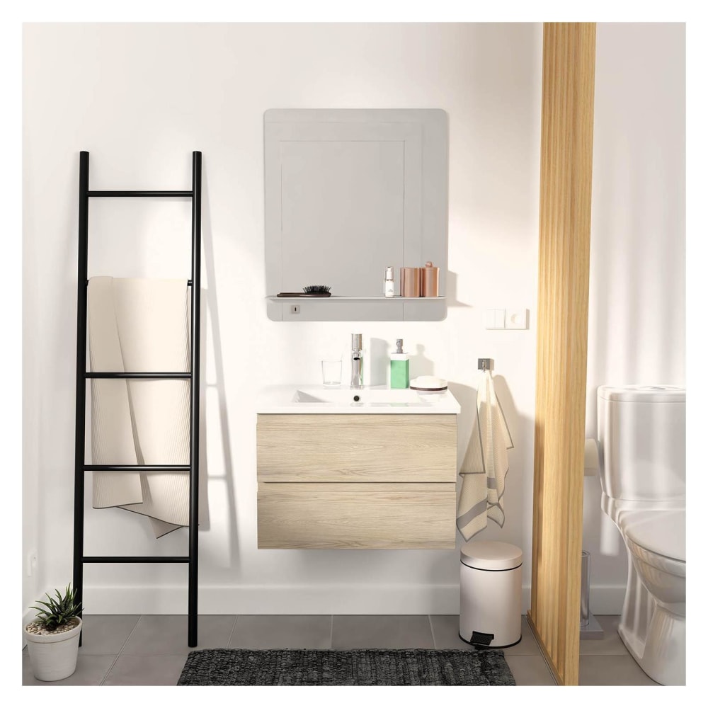 Ensemble meuble simple vasque 60cm avec vasque et miroir  Décor chêne