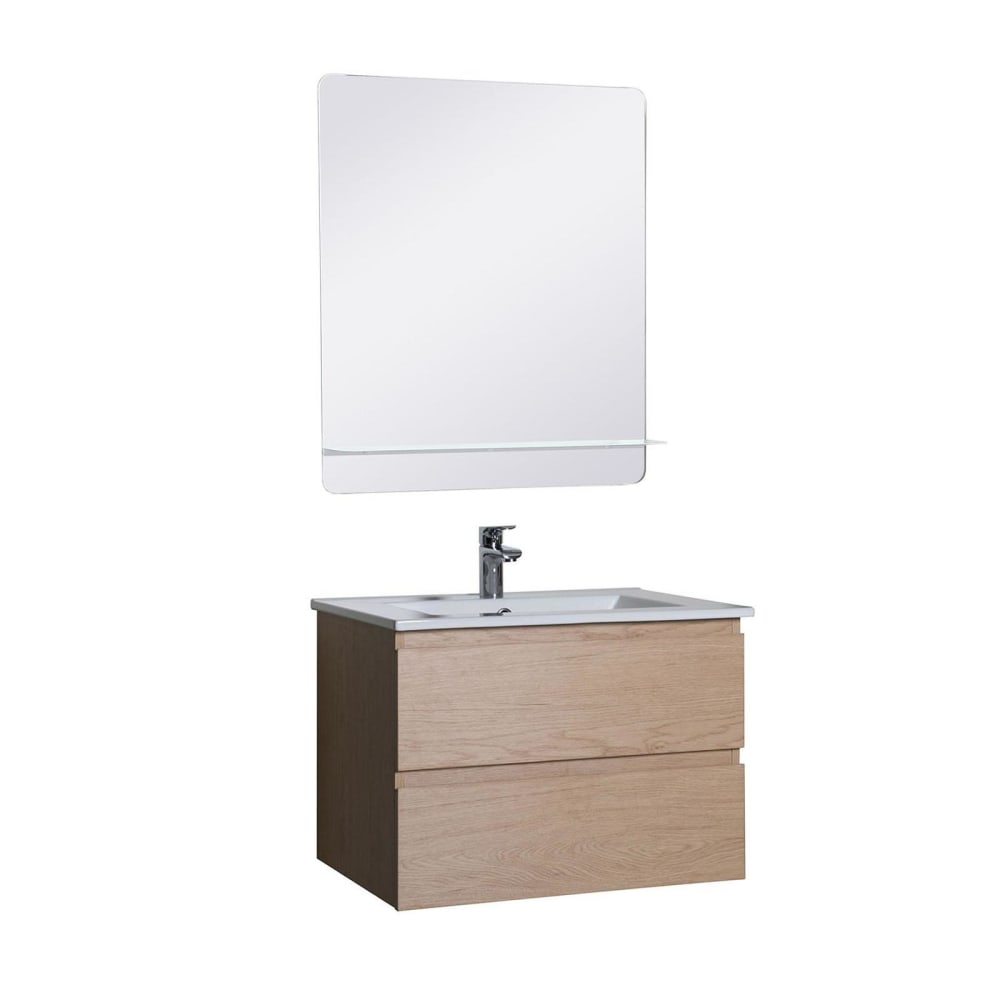 Ensemble meuble simple vasque 60cm avec vasque et miroir  Décor chêne
