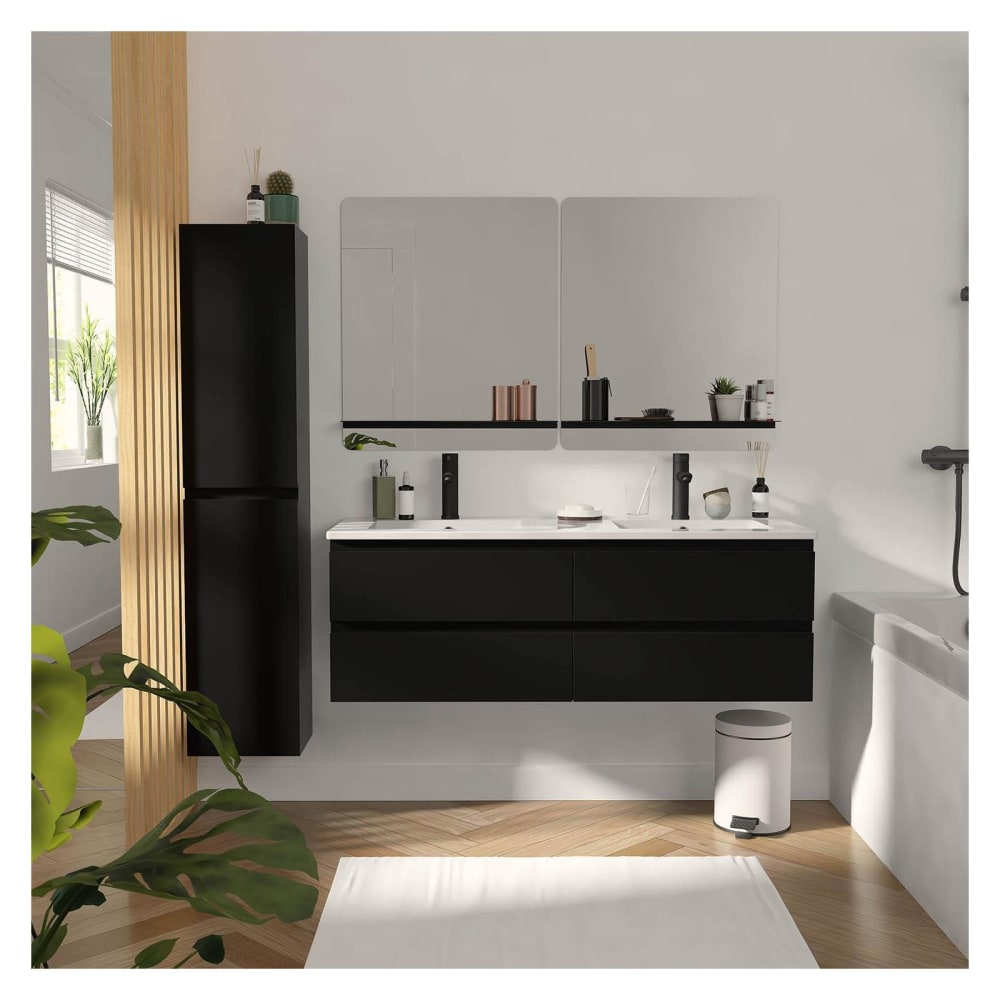 Meuble double vasque 120cm avec plan céramique  Noir + miroir +colonne