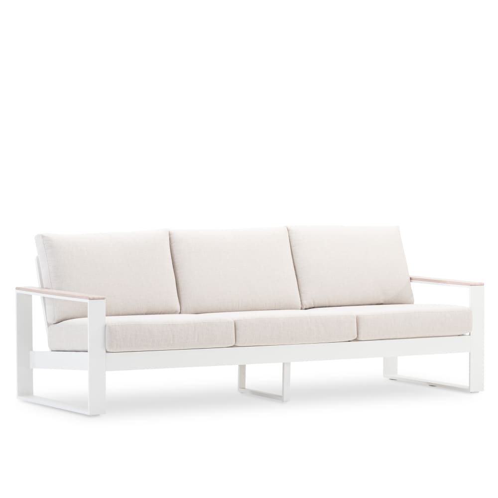 Canapé jardin 3 places aluminium blanc accoudoirs bois 247x91x80cm