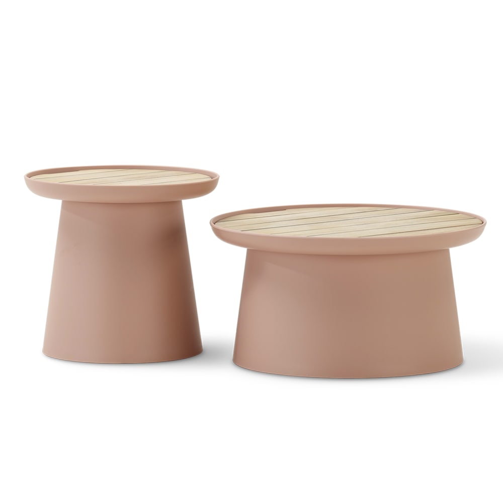Set 2 tables d'appoint polypropylène plateau en bois D50 et D70 rose