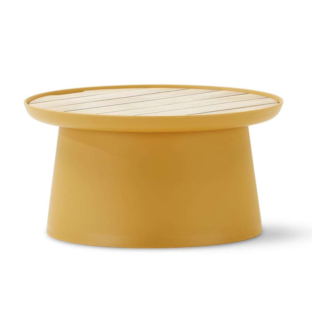 Table d'appoint ronde en polypropylène jaune et plateau en bois D70