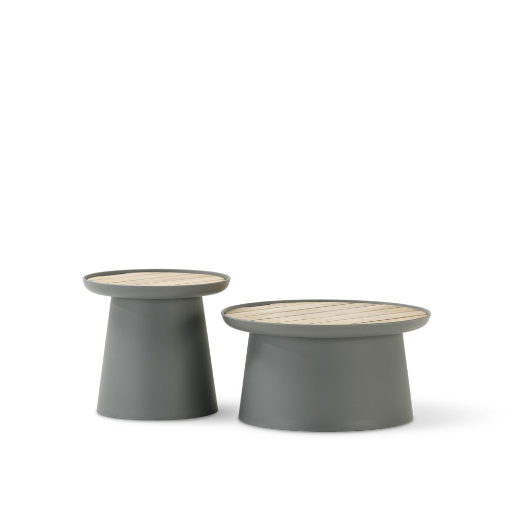 Set 2 tables d'appoint polypropylène gris et plateau en bois D50/D70
