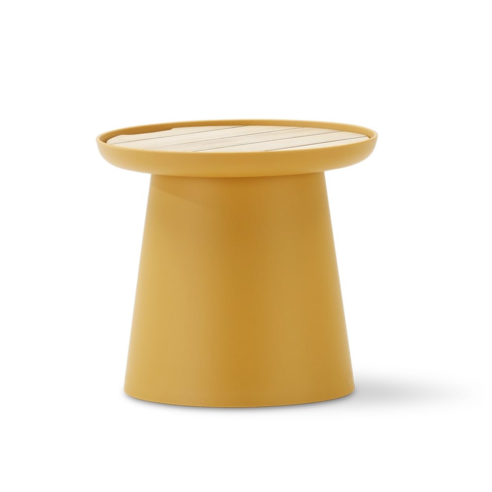 Table d'appoint ronde en polypropylène jaune avec plateau en bois D50