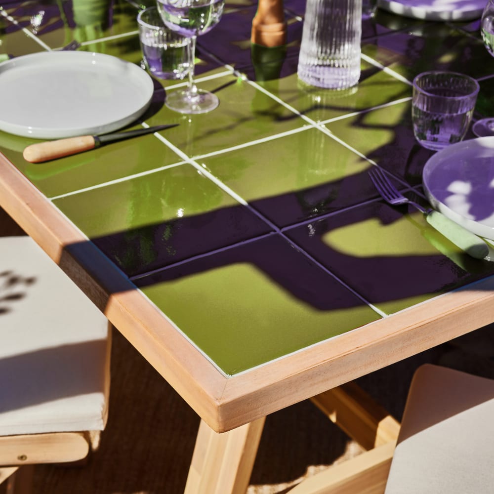 Ensemble de table et 4 chaises en bois et céramique vert clair 168x87 - Maisons du Monde