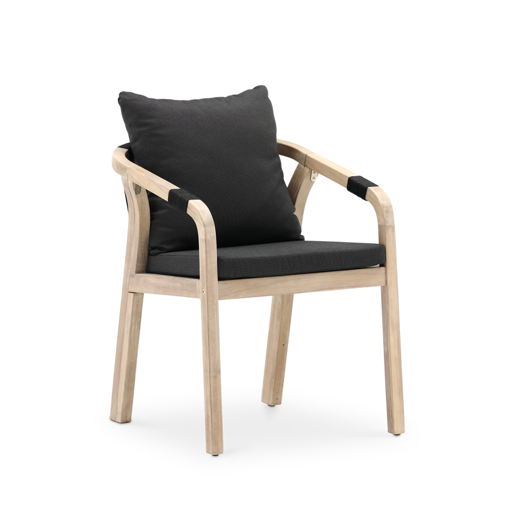 Lot de 8 chaises en bois et corde avec coussins noirs