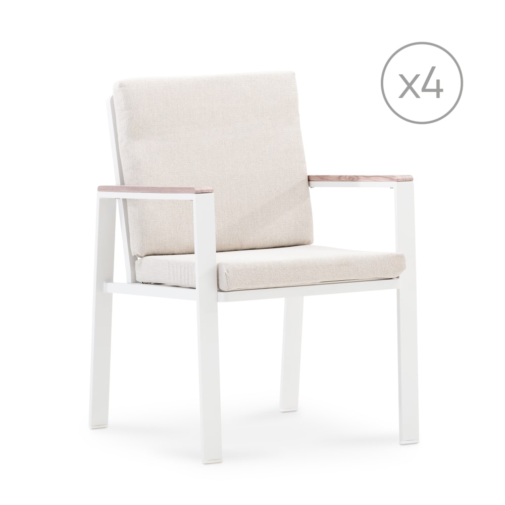 Lot 4 chaises aluminium blanc accoudoirs effet bois avec coussins