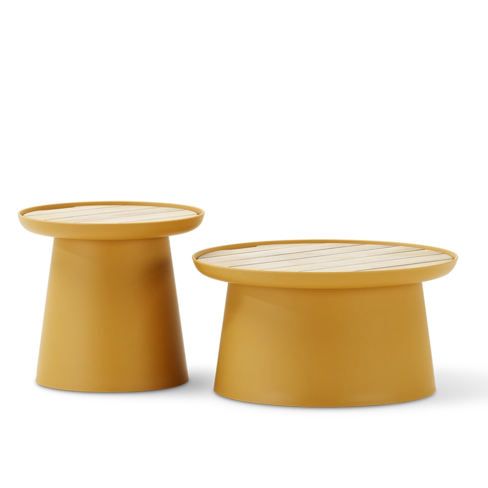 Set 2 tables d'appoint polypropylène jaune et plateau en bois D50/D70