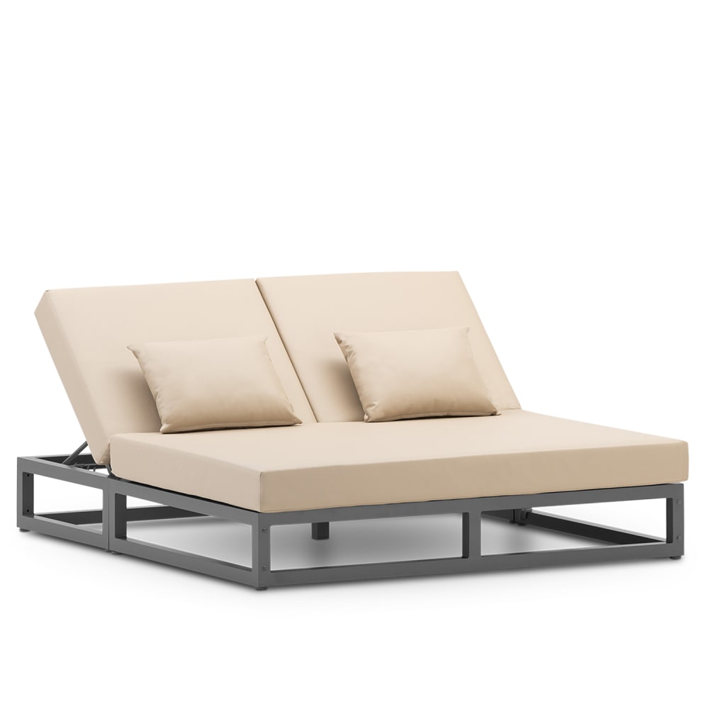 Lit balinais double anthracite avec coussins beiges