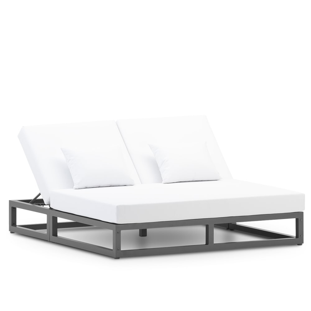 Lit balinais double anthracite avec coussins blancs 180x190x44cm