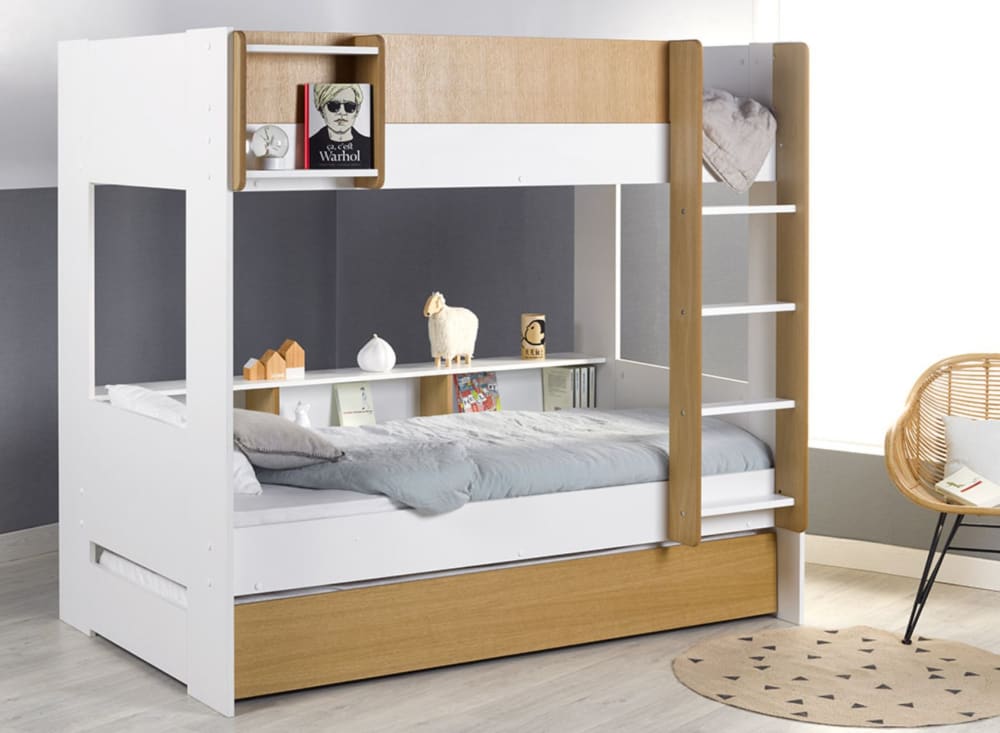 Lit superposé 3 places 90x190 Blanc et Chêne