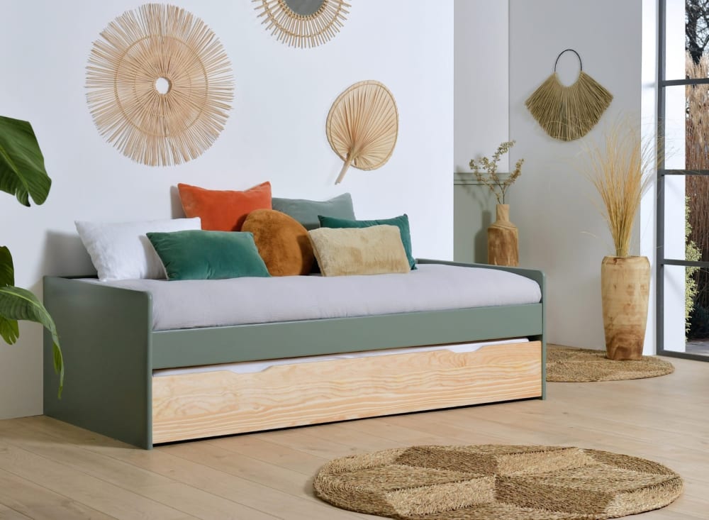 Lit gigogne banquette 90x190 en pin massif Kaki et Pin