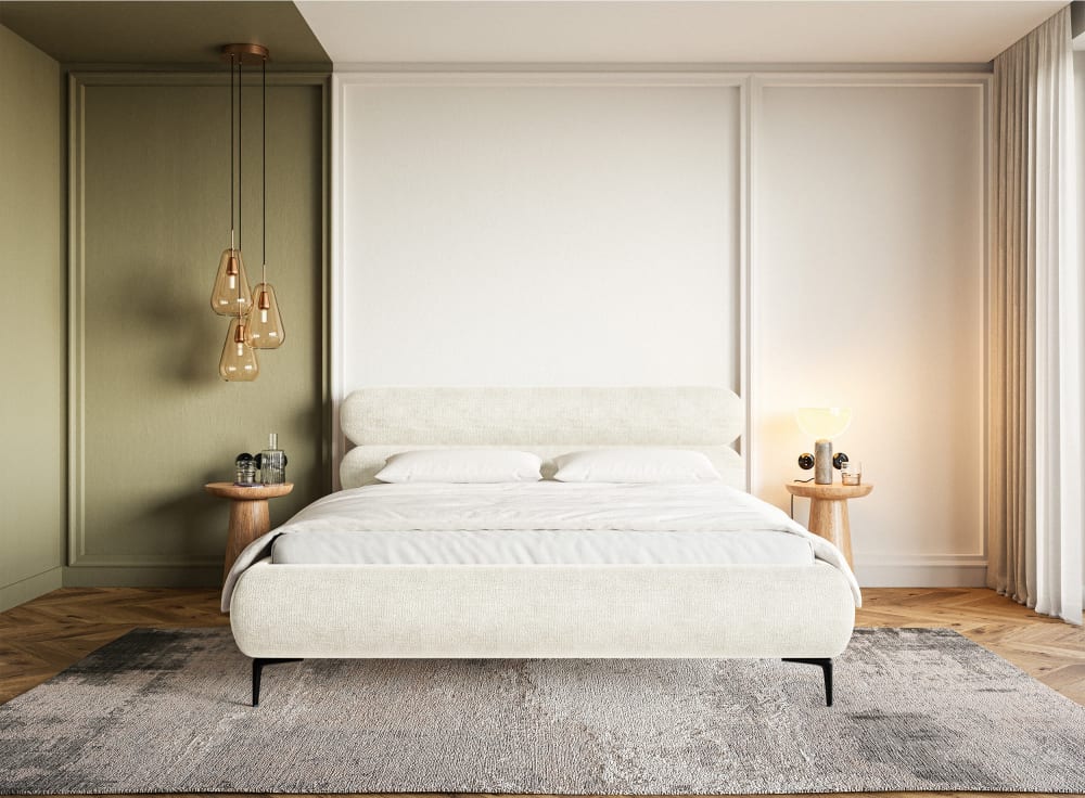 Lit coffre 180x200 en tissu chenille crème aux pieds noirs