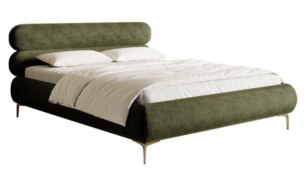 Lit double 180x200 en tissu chenille olive aux pieds dorés