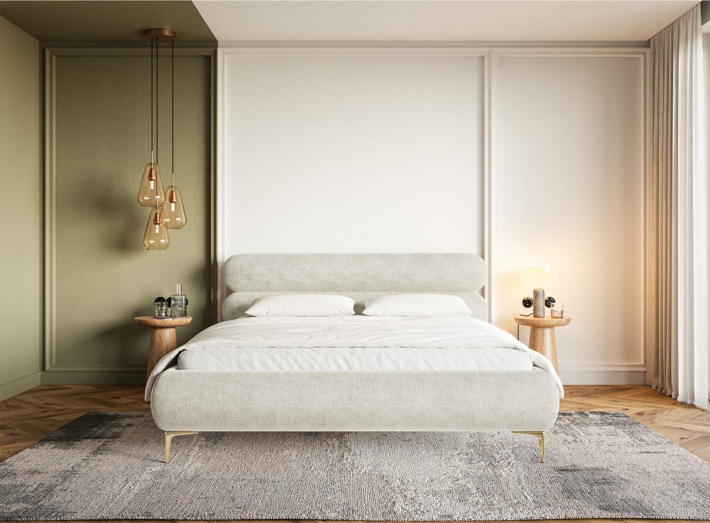 Lit coffre 180x200 en tissu chenille grège aux pieds dorés - Maisons du Monde