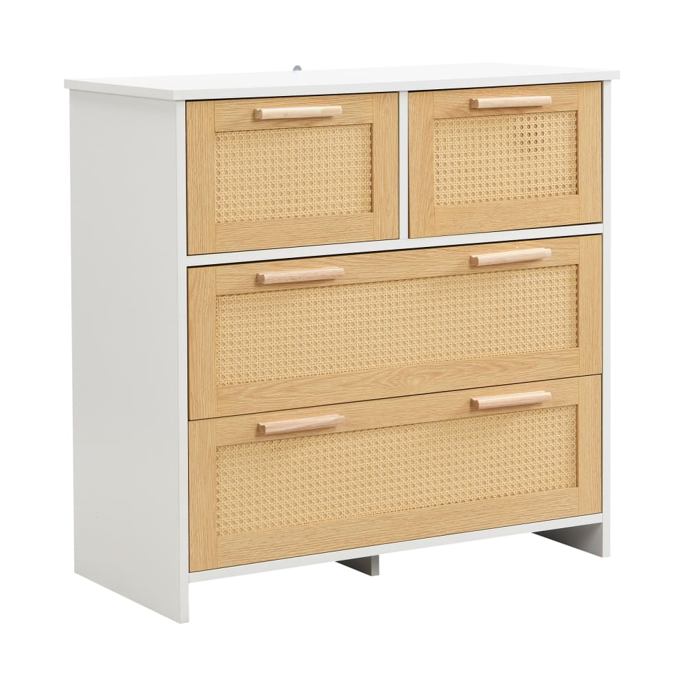 Flieks Rattanschrank mit 4 Schubladen und Massivholzgriffen, natur+weiß style modern - Spanplatte