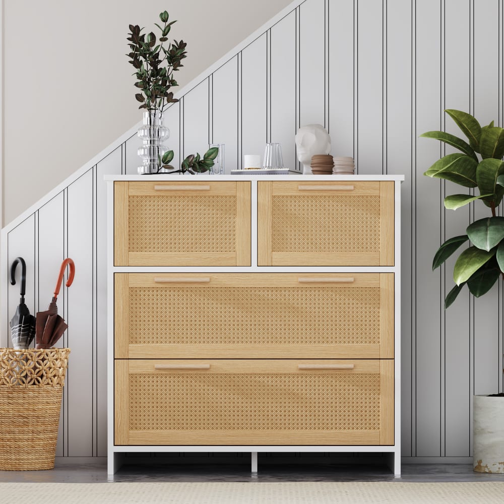 Rattanschrank mit 4 Schubladen und Massivholzgriffen, natur+weiß