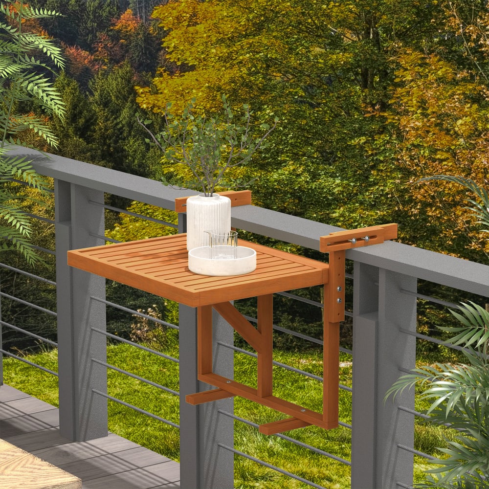 Table de balcon suspendue réglable bois sapin verni coloris teck