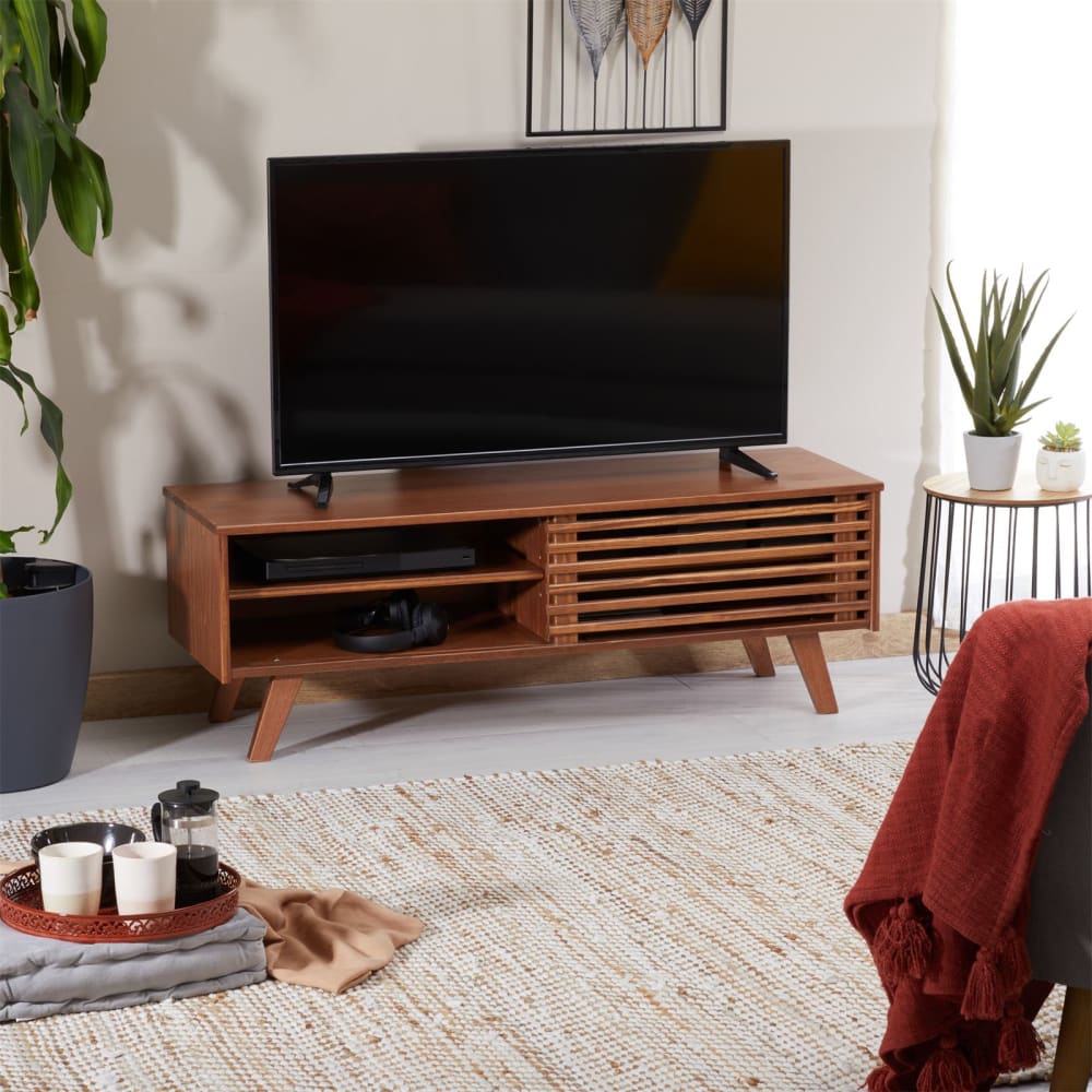 Table basse porte coulissante en bois massif, coloris châtaigne