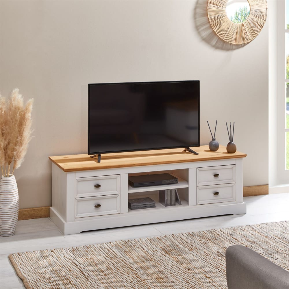 Meuble tv 4 tiroirs 2 niches en bois massif, blanc et brun