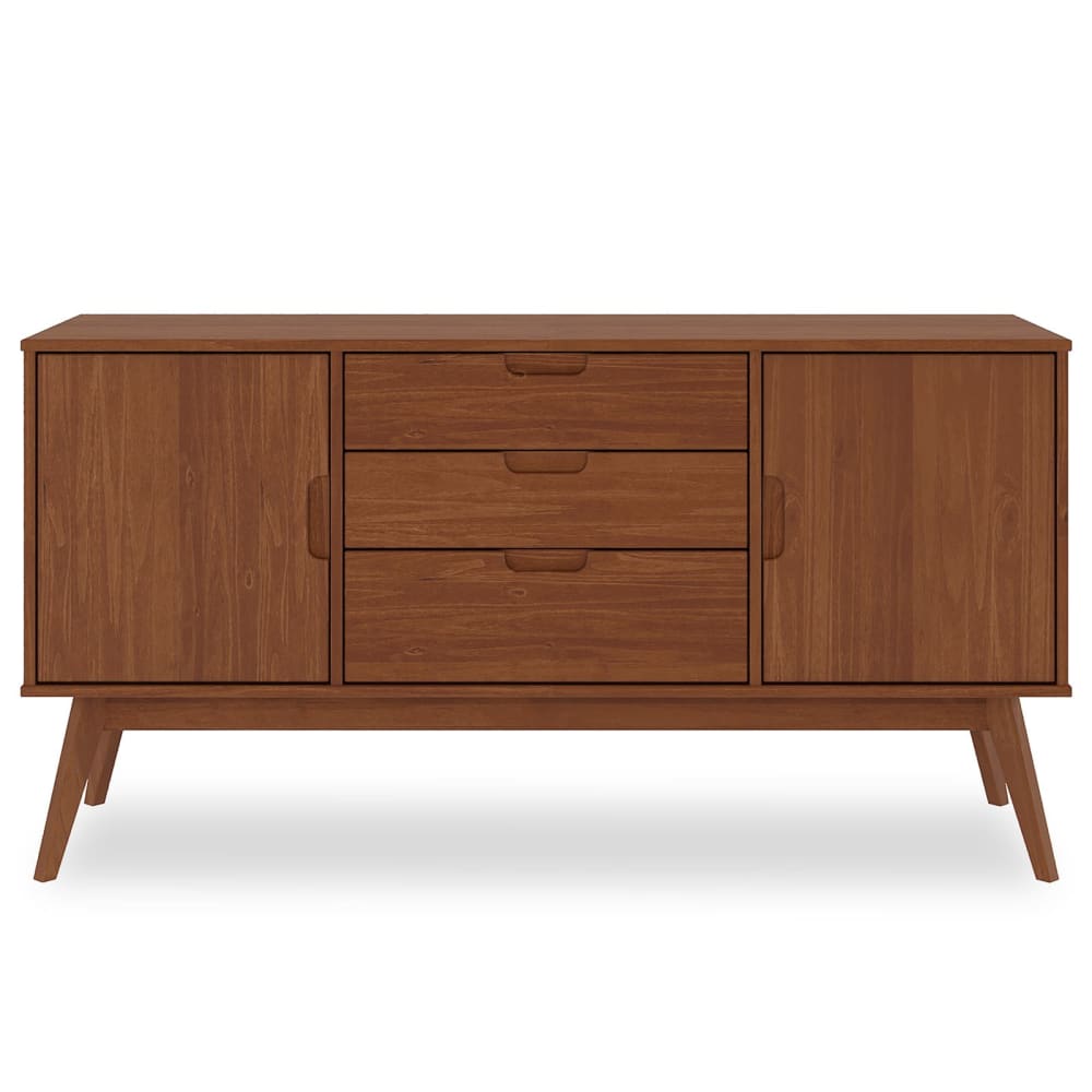 Buffet 3 tiroirs 2 portes battantes en bois massif, brun foncé