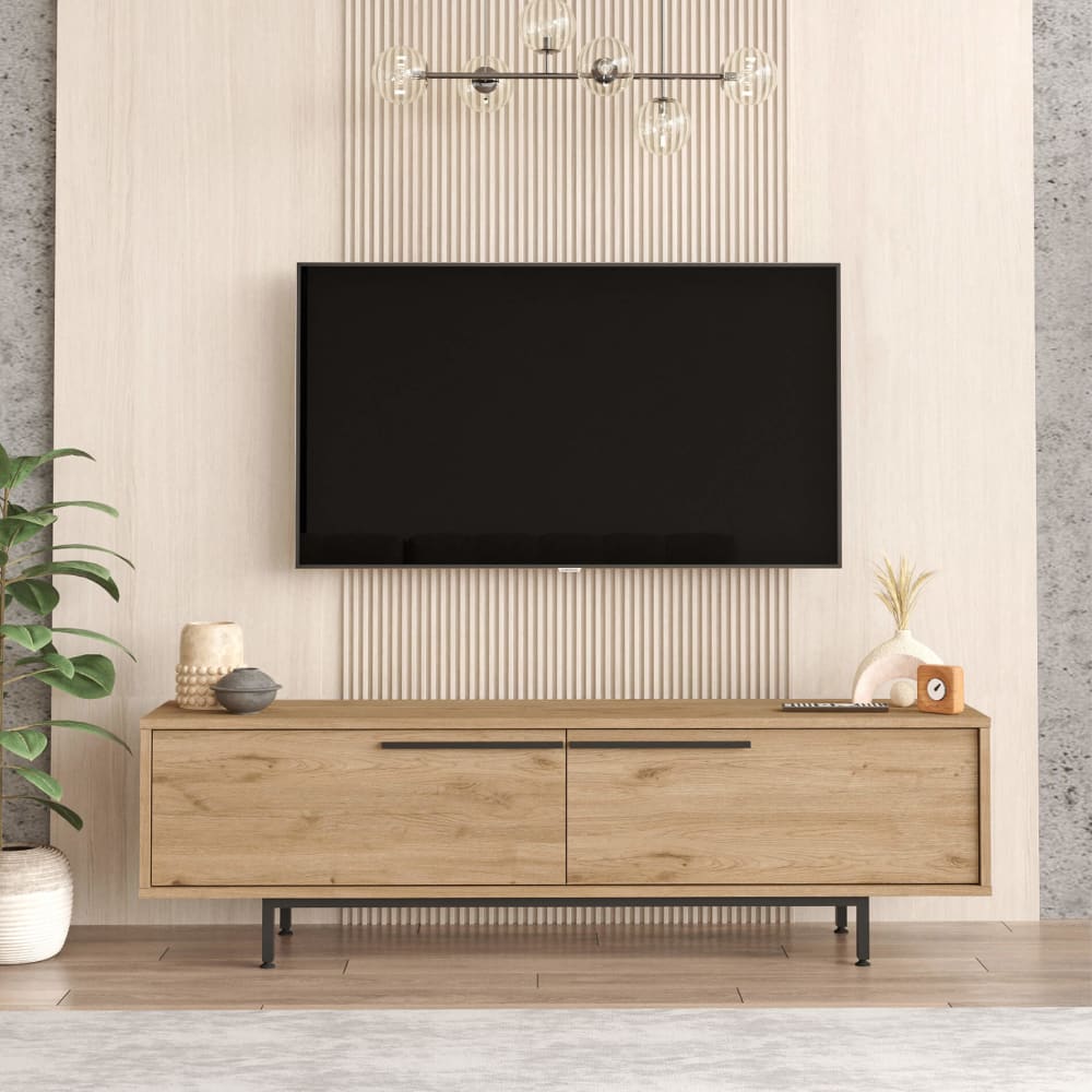 Meuble TV avec 2 portes en aggloméré et fer couleur chêne et gris