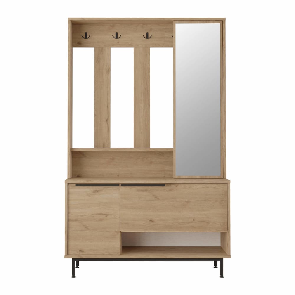 Vestiaire d'entrée avec 3 portes et miroir en aggloméré couleur chêne