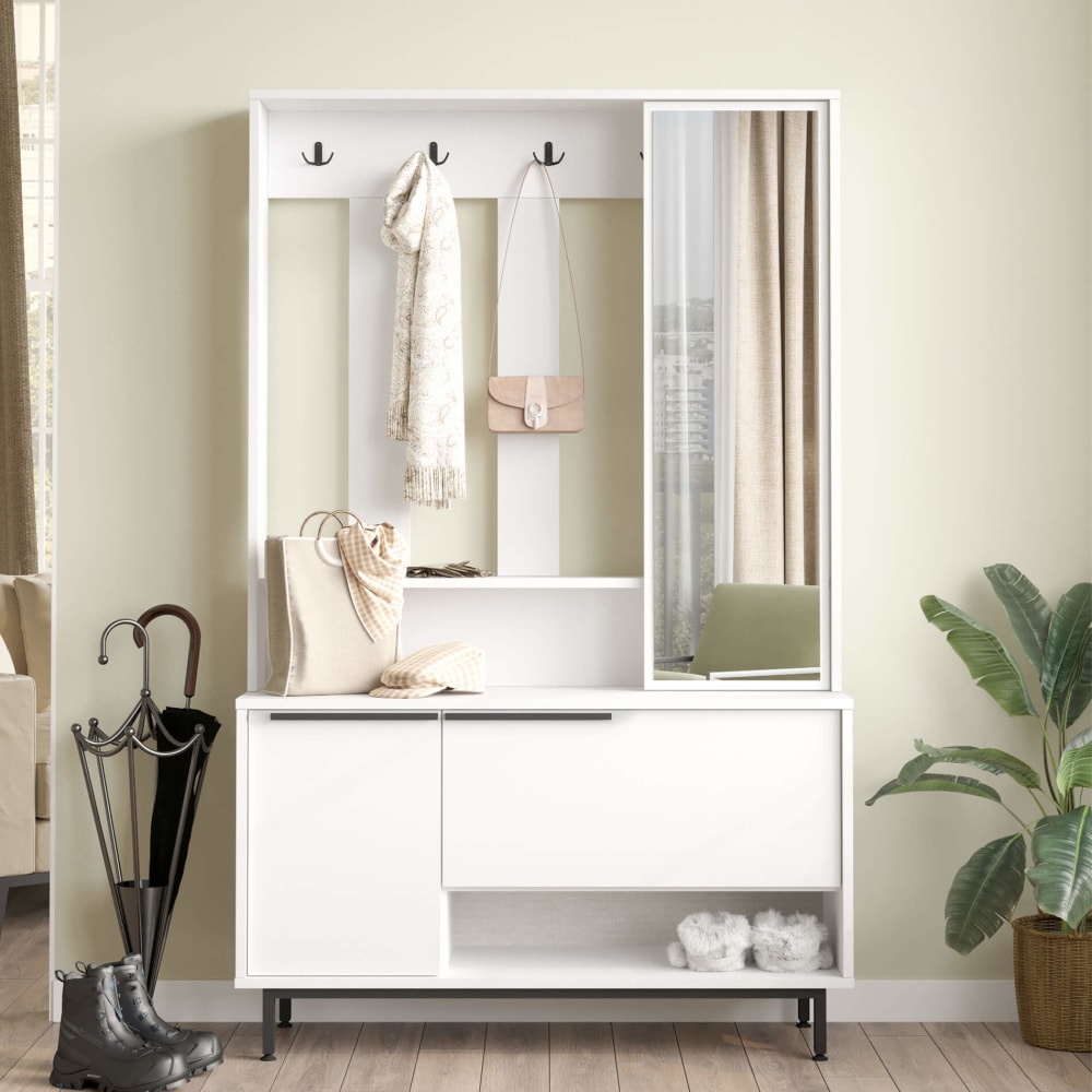 Vestiaire d'entrée avec 3 portes et miroir en aggloméré blanc - Maisons du Monde