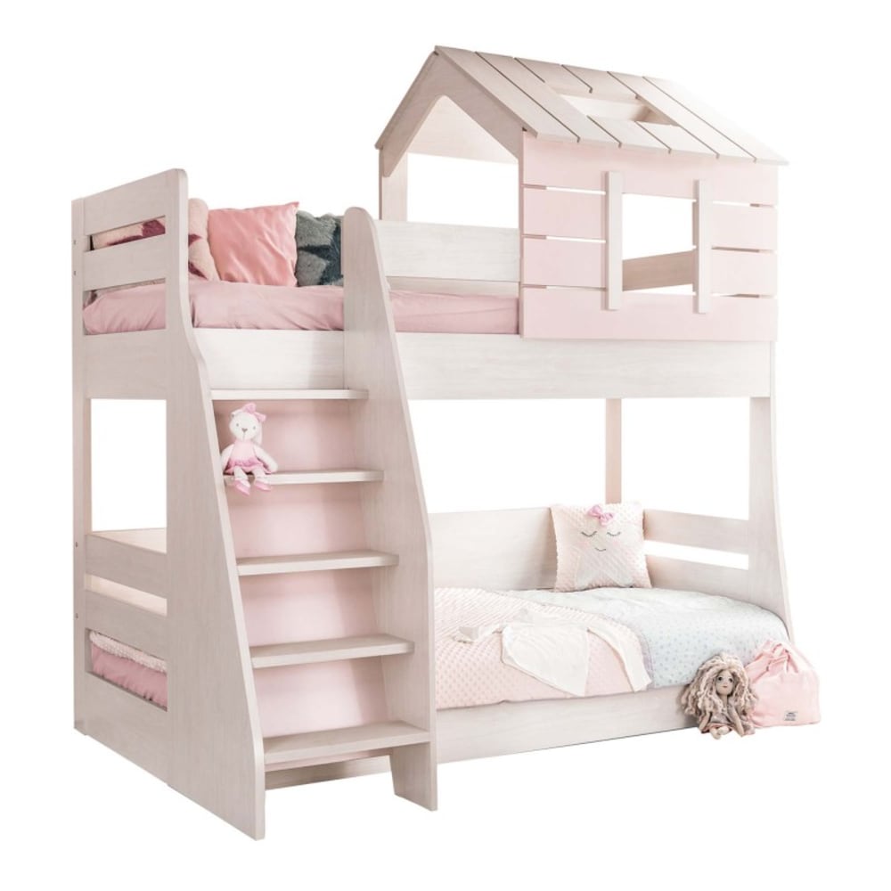 Lit superposé petite maison escalier gauche rose 90/100x200cm