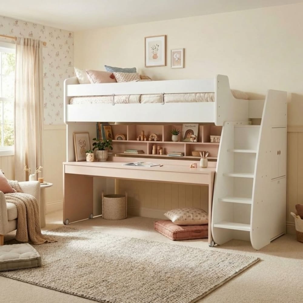 MueMue Hochbett + Schreibtisch weiß 182,7x252x107,8cm Spanplatte Baby