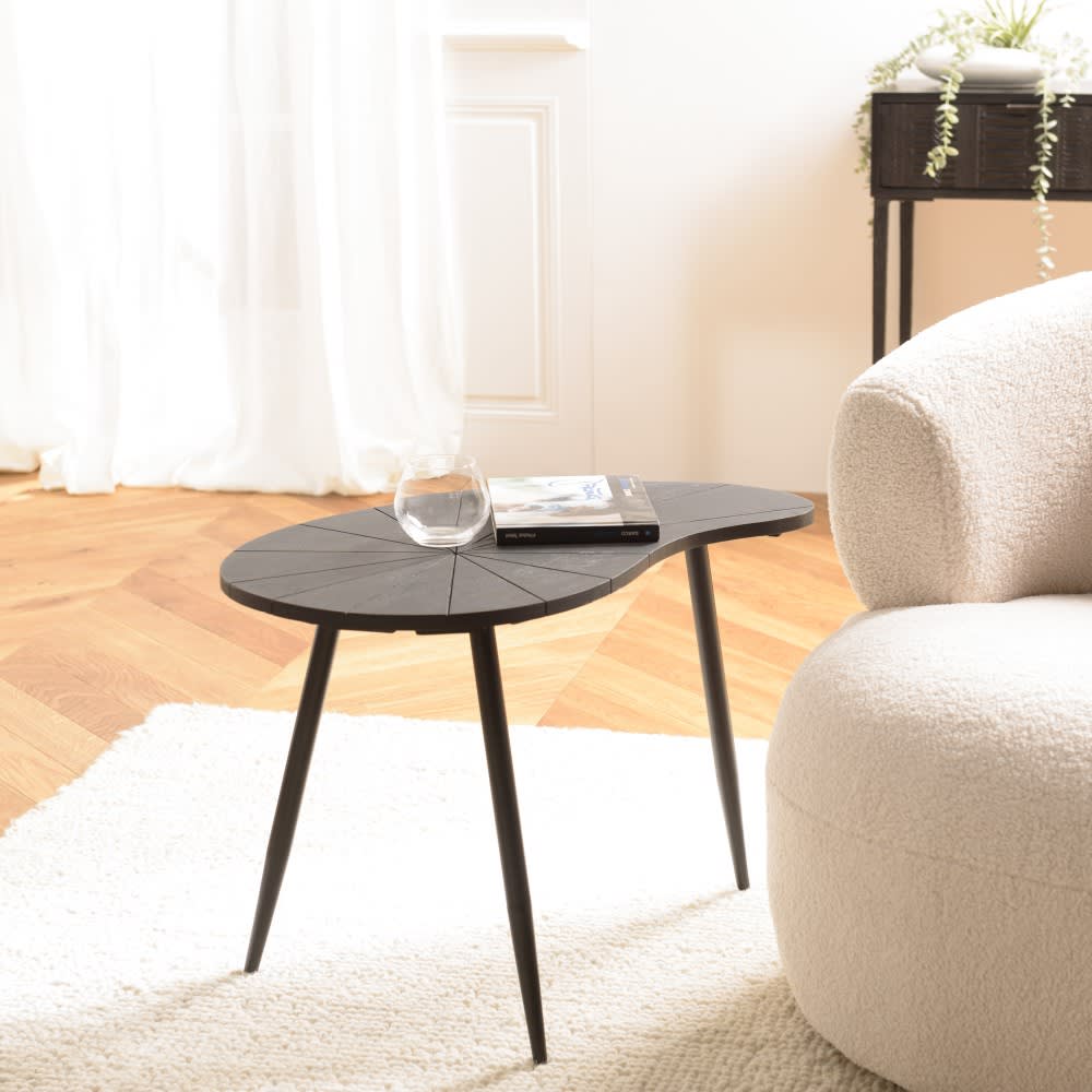 Table d’appoint ovoïde plateau texturé noir mat pieds fer noir
