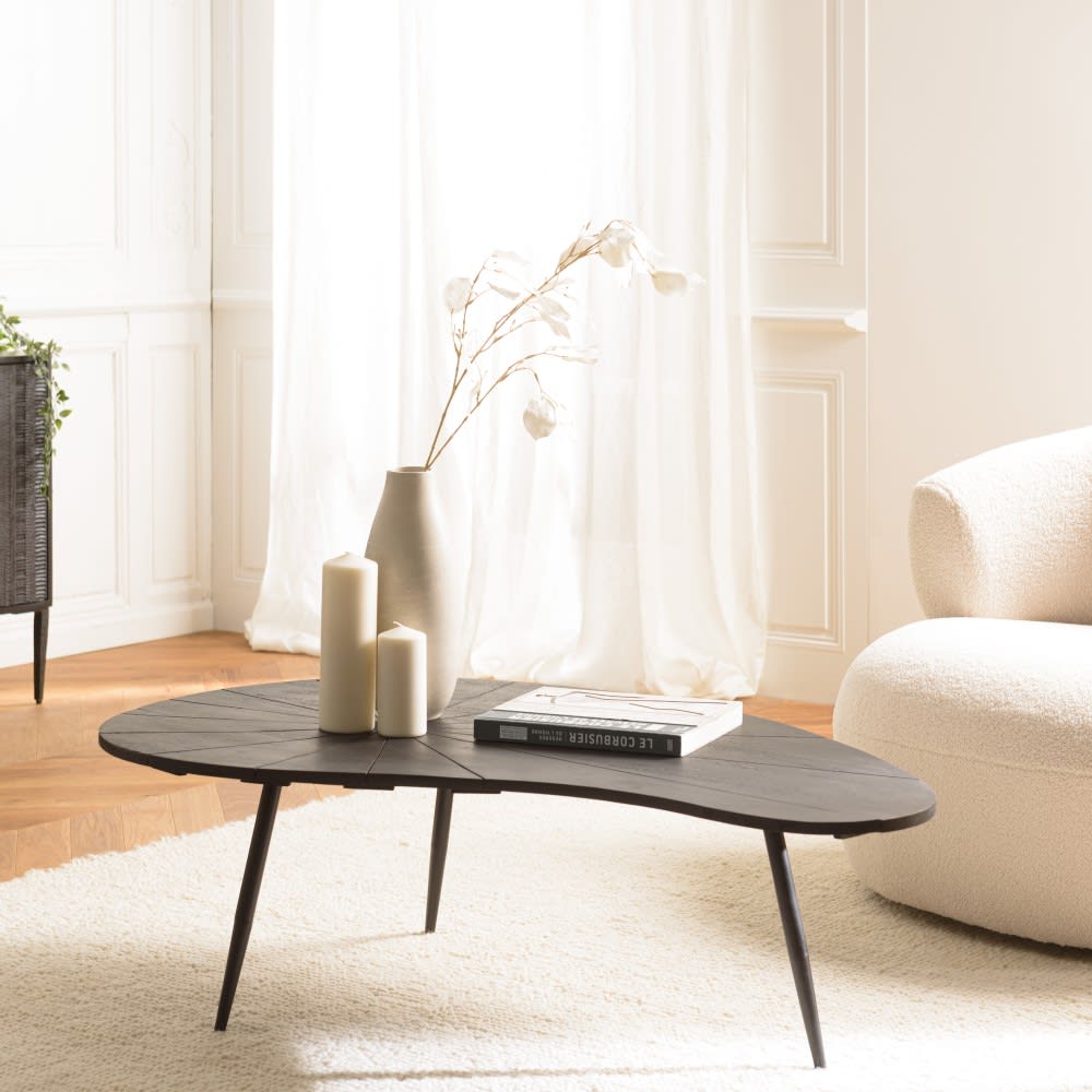 Table basse ovoïde plateau texturé noir mat pieds en fer noir