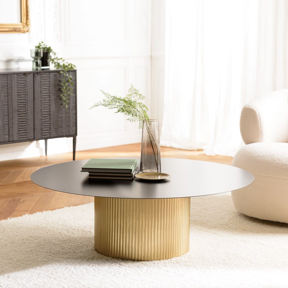 Table basse ronde plateau en fer noir pied strié doré d110 - Maisons du Monde