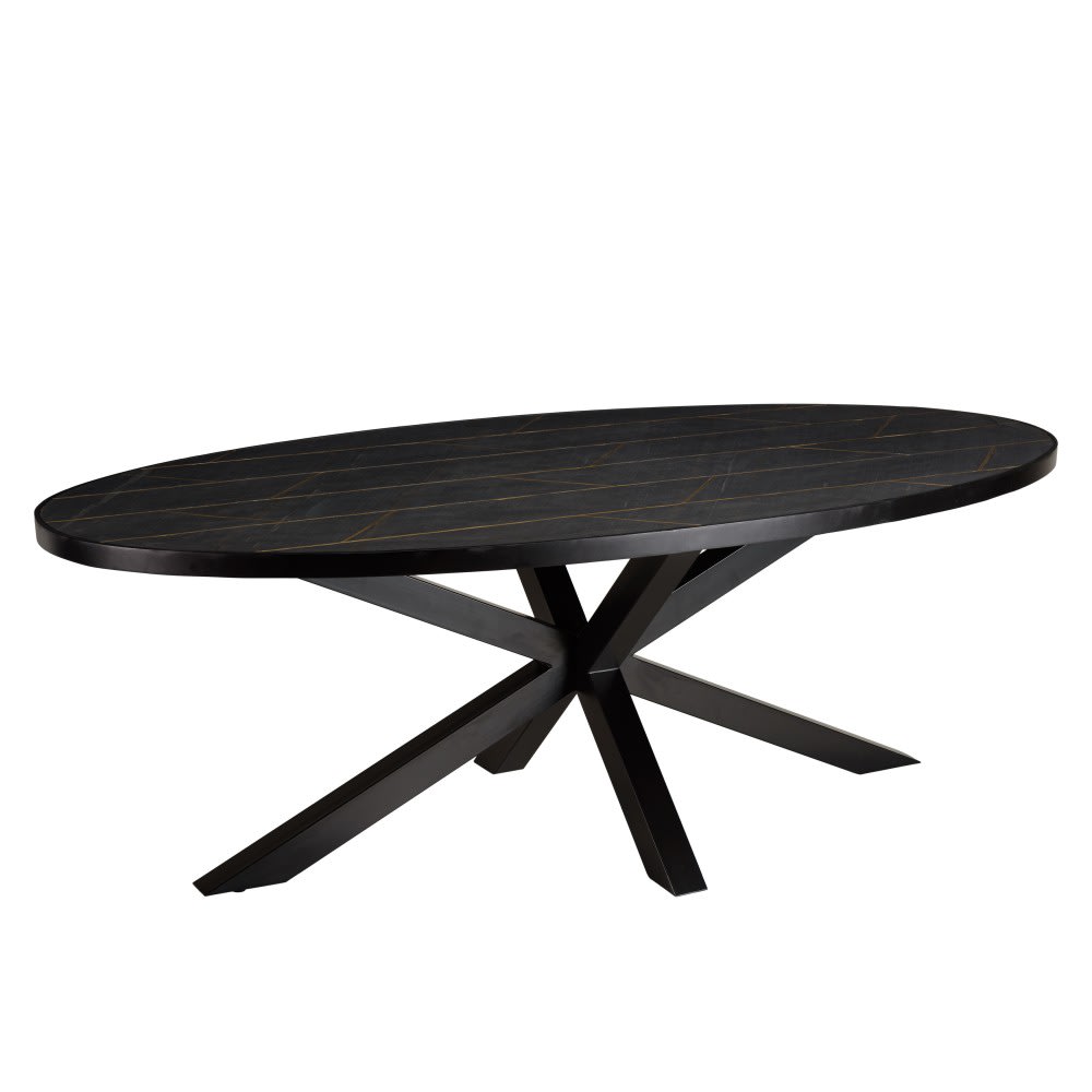 MACABANE Ovaler Esstisch mit Steineffekt und goldenen Motiven style exotic Schwarz Stahl