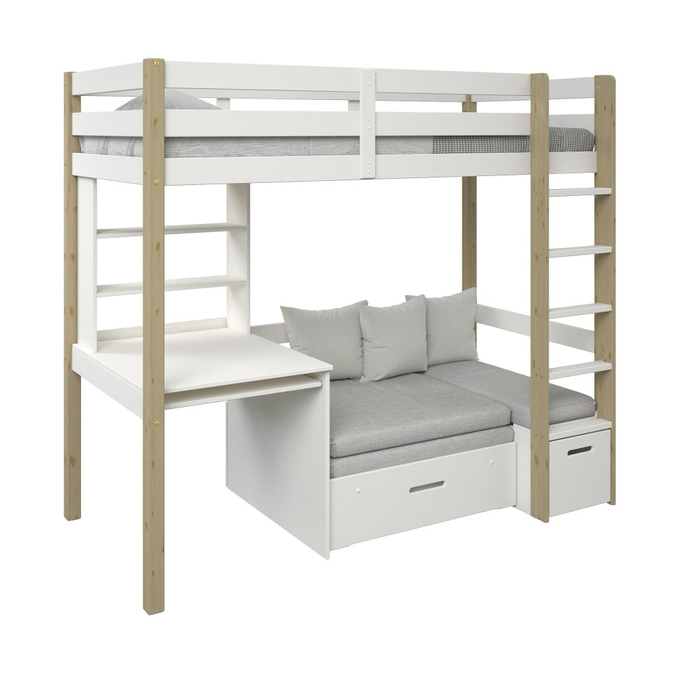 Lit mezzanine avec bureau et chauffeuse pin et MDF blanc bois 90x200