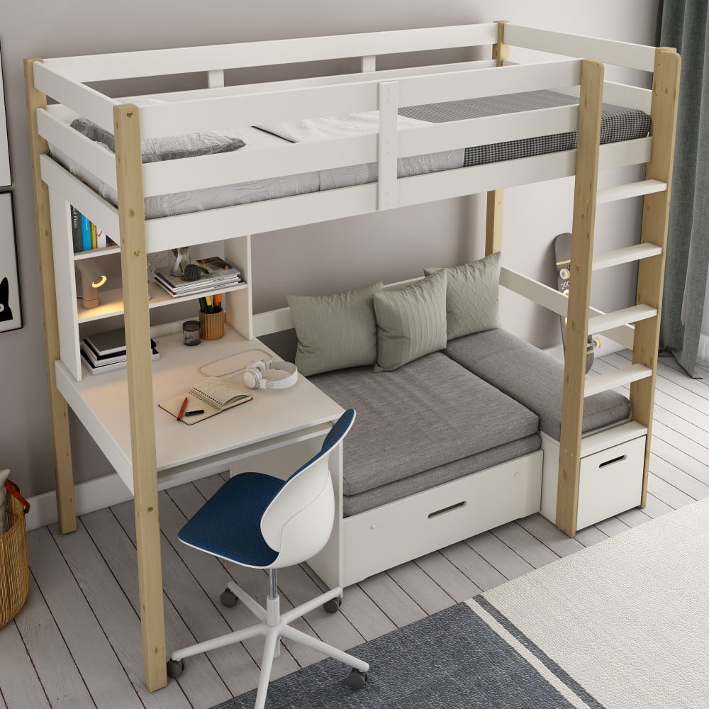 Lit mezzanine avec bureau et chauffeuse pin et MDF blanc bois 90x200