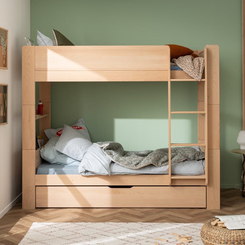 Lit superposé avec lit gigogne en hêtre naturel 90x190