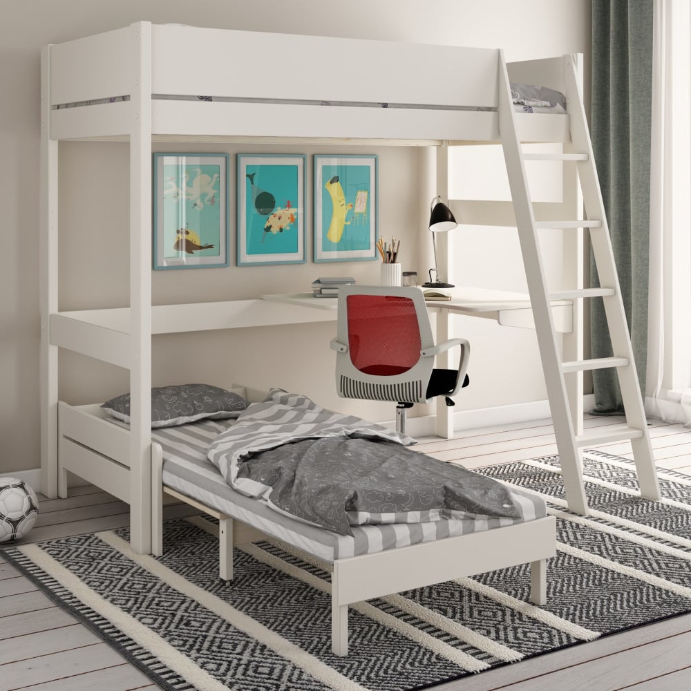 Lit mezzanine avec bureau et chauffeuse pin massif blanc 90x190