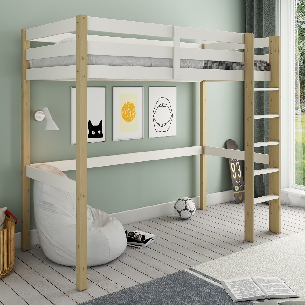 Lit mezzanine en pin blanc et bois 90x200