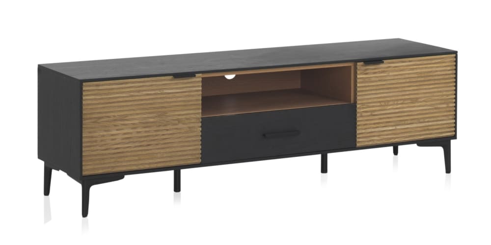 Meuble TV plaqué en frêne noir avec portes naturelles