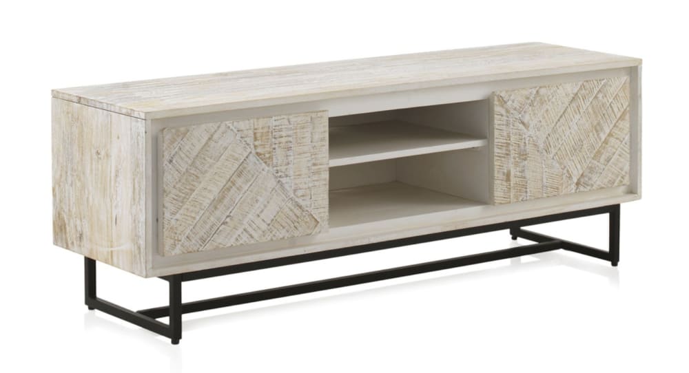 Meuble TV en manguier massif patiné blanc