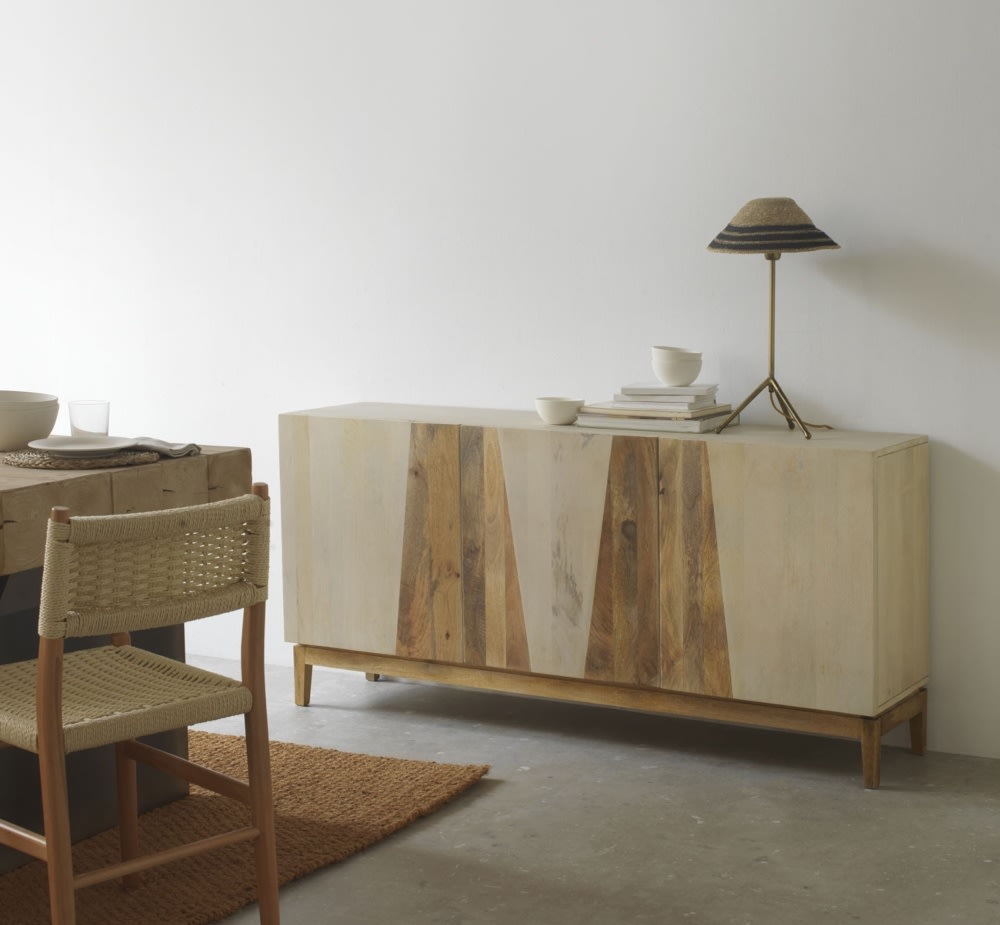 Buffet en bois de manguier patiné blanc avec pieds en bois