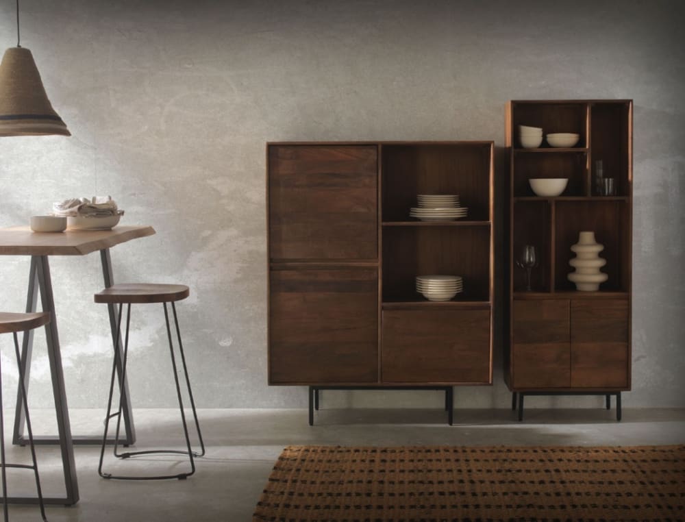 Bibliothèque avec 2 portes en bois de manguier massif et base en métal