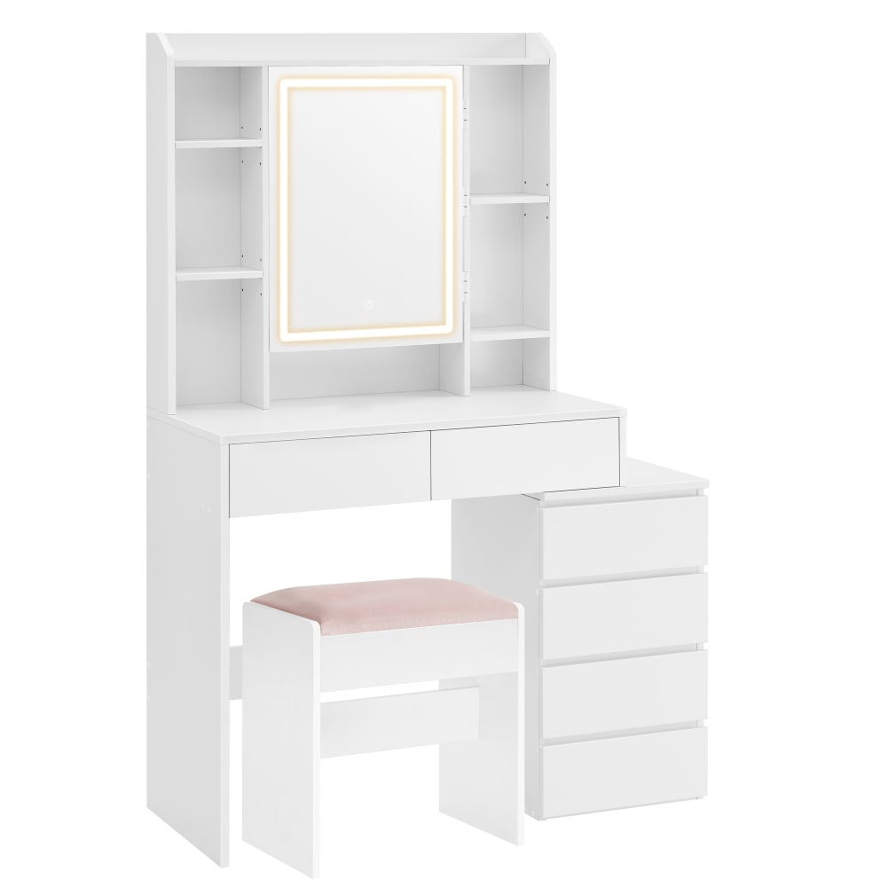 Coiffeuse avec miroir compartiments ouverts l 97,5 cm tabouret blanc