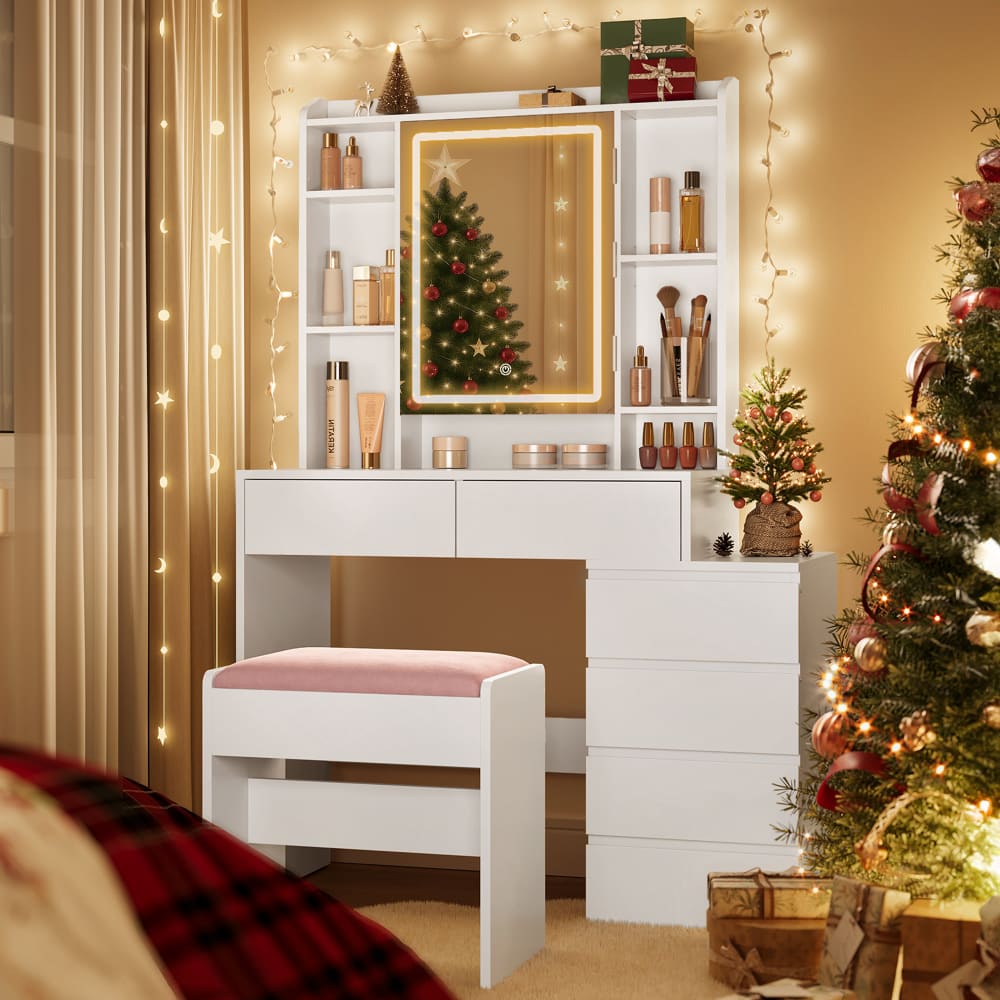 Coiffeuse avec miroir compartiments ouverts l 97,5 cm tabouret blanc