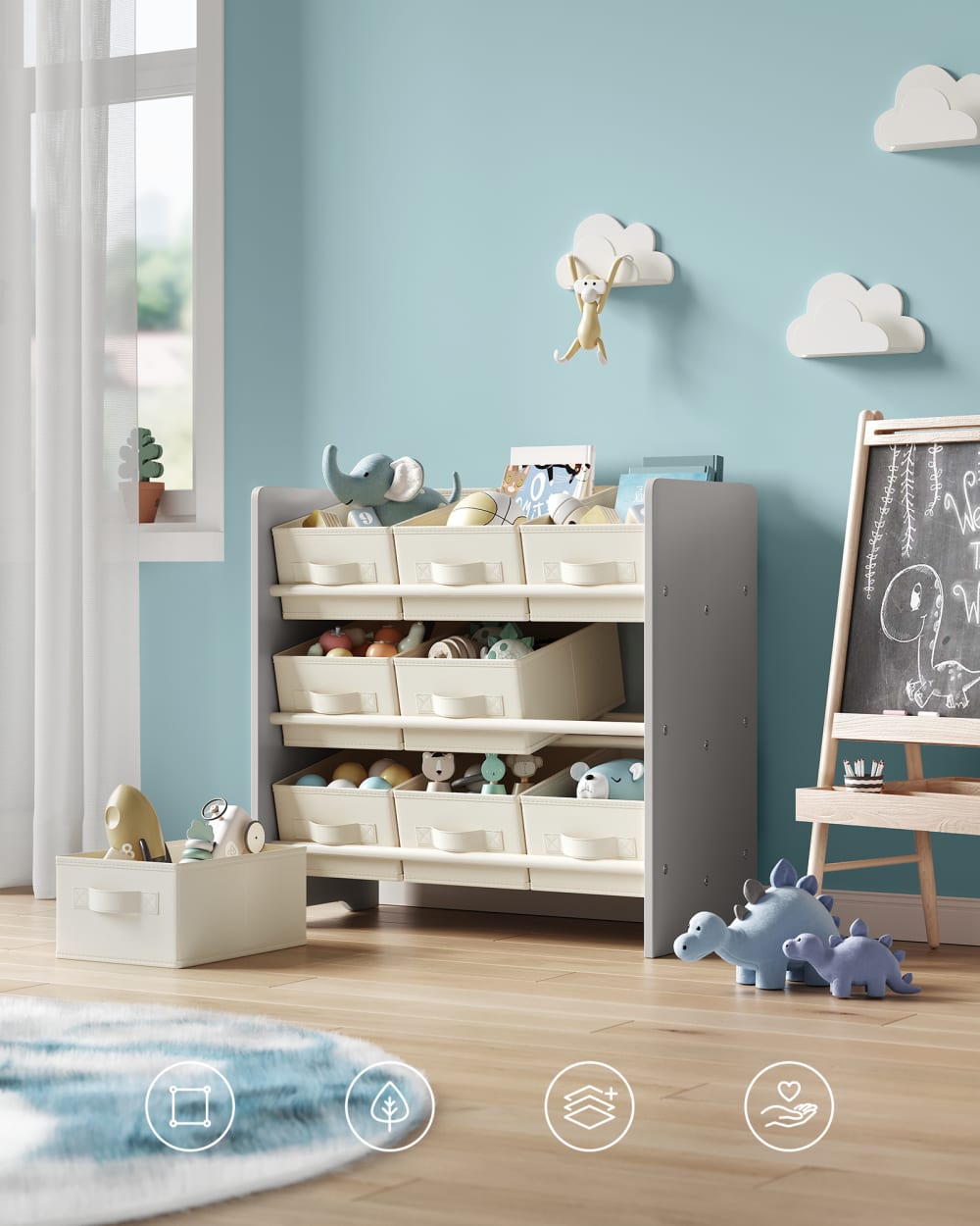 Étagère à jouets pour enfants 9 boîtes de rangement en tissu gris (SONGMICS) - Image 1