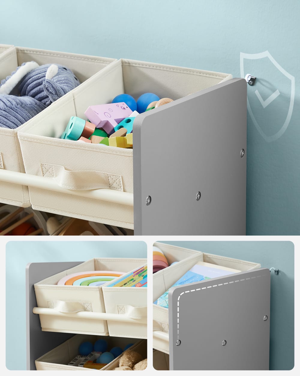 Étagère à jouets pour enfants 9 boîtes de rangement en tissu gris (SONGMICS) - Image 2